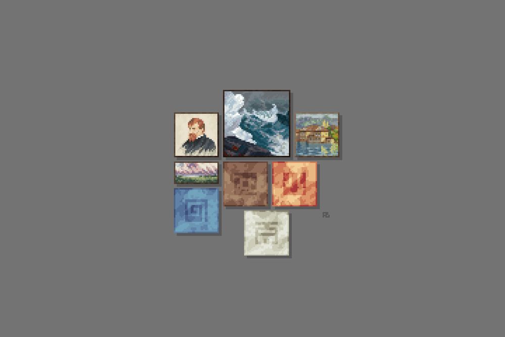Eight pixel art paintings: A portrait of a redheaded man, a wave crashing onto a shore, a Mediterranean villa on the water, a landscape of a field under pink clouds, and four abstract paintings representing earth, fire, water, and air, respectively.