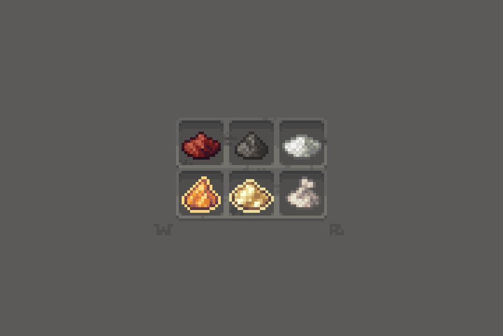 Six pixel art powders arrayed in two rows of three on a grey background. Clockwise from the top left are Redstone Dust, Gunpowder, Sugar, Bone Meal, Glowstone Dust, and Blaze Powder