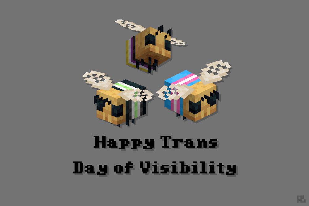 Three minecraft bees recolored to represent the Trans, Agender, and Nonbinary pride flags on a grey background, above black text reading "Happy Trans Day of Visibility"