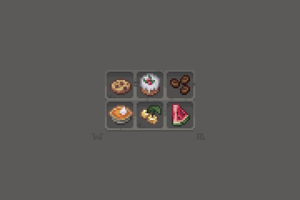 Six pixel-art food textures on a grey background. Clockwise from the top left: a chocolate chip cookie; a vanilla cake with white icing and berries on top, three cocoa beans; a pink-and-green slice of watermelon; two golden Glowberries with green stems, and a pumpkin pie.