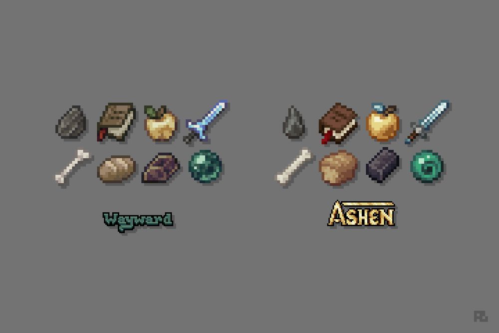 A side-by-side comparison of eight items rendered in different pixel art styles. Clockwise from the top left: a piece of grey flint, a leatherbound book with a red bookmark, a golden apple, a blue diamond sword, a green, luminescent enderpearl, an ingot of purple netherite, a loaf of bread, and a bone