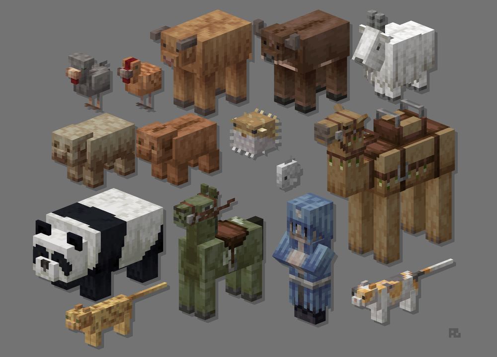 A sheet displaying custom textures for several creatures in Minecraft. From left to right: Cold chicken, warm chicken, cold cow, warm cow, goat, cold pig, warm pig, pufferfish, tropical fish, camel, panda, zombie horse, illusioner, calico cat, and ocelot