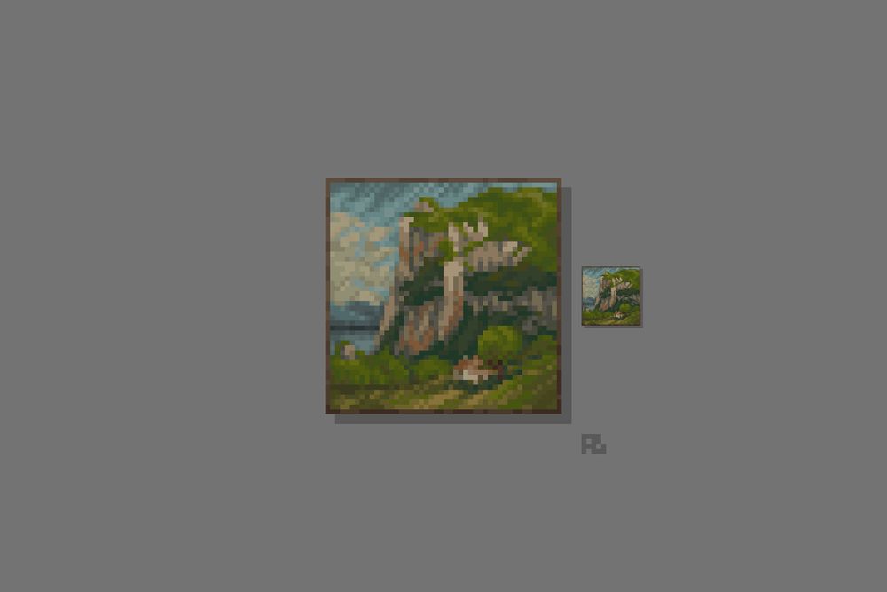 A pixelated seaside scene framed on a grey background.

The bottom half of the painting features rolling hills and a small farmhouse beside a solitary tree. Behind them, a high cliff occupies the majority of the scene, topped in rolling grasslands. Behind that is the sea, with clouds over the horizon.