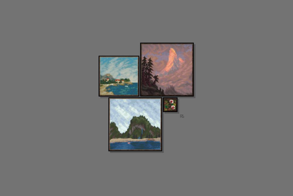 Four pixel-art paintings; three depict stylized landscapes with mountains, and the third depicts a small vignette of peonies. Colors range from blues and greens to pinks.