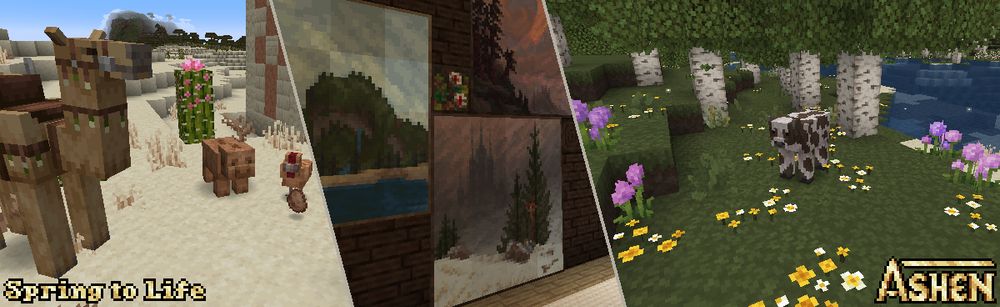 Three images collaged together, from left to right: a desert scene with a camel, pig, cactus, and chicken; an indoor scene with four paintings; a forest scene with birch trees, yellow and pink flowers, a cow, and a river