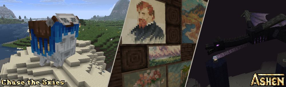 Three images collaged together, from left to right: a seaside scene with a happy ghast wearing a blue harness; an indoor scene with five paintings; a black Enderdragon flying through the void