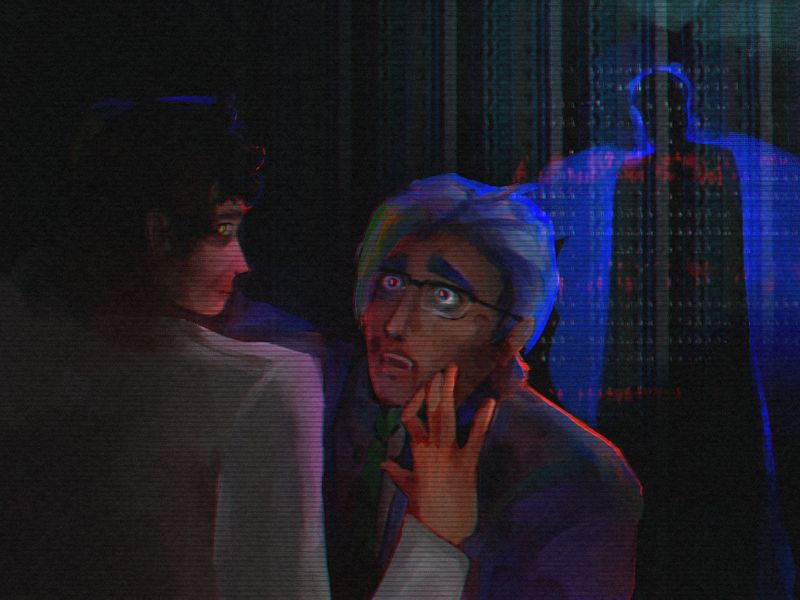 painting of one character freaking out at another, a dark entity is behind them.