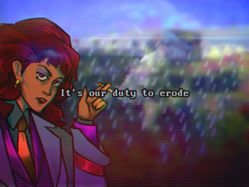 drawing of my character from the Fake News MV, Sandra Moreno. She has a jaded expression, looking into the camera, smoking a cigarette. Behind her is a graphic of a storm cloud and in front of her is text that reads "it's our duty to erode"