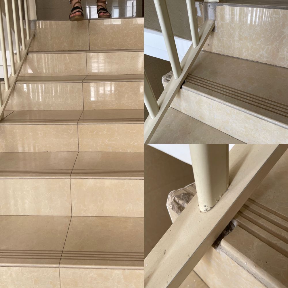 A collage of images showing details of a flight of stairs in a Dakar condominium building. In the left image, each stair in the flight can be seen to have its own height, different from its neighbors. In the two smaller images on the right, we see close-ups showing that some steps have been modified to fit the bannister, suggesting that the steps are not aligned with a standard rise over run.  