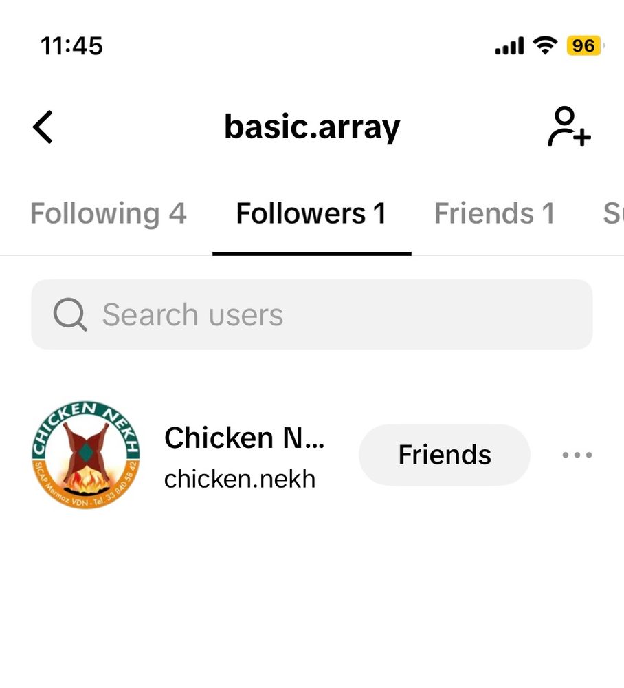 a screenshot of a TikTok follower list showing only one: Chicken Nekh