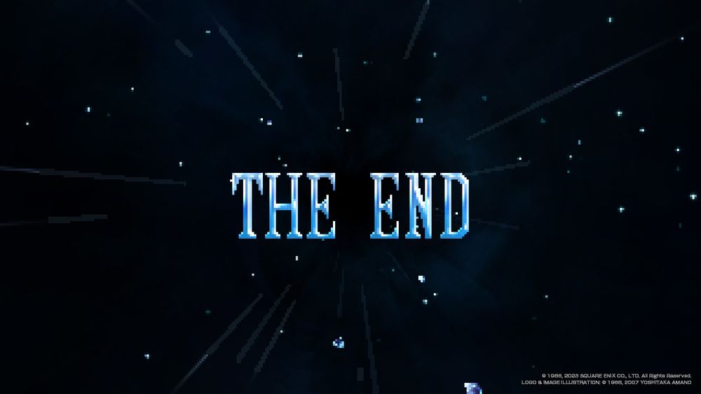 "The End" centered on a dark outer space background.

Screenshot from the ending Final Fantasy II credits