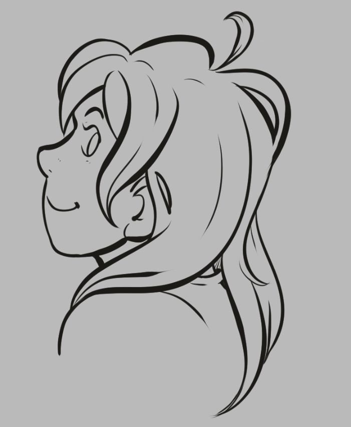 digital drawing, portrait, stylzed. Lineart only.
A person is looking over their shoulder smiling. Their hair is messy.