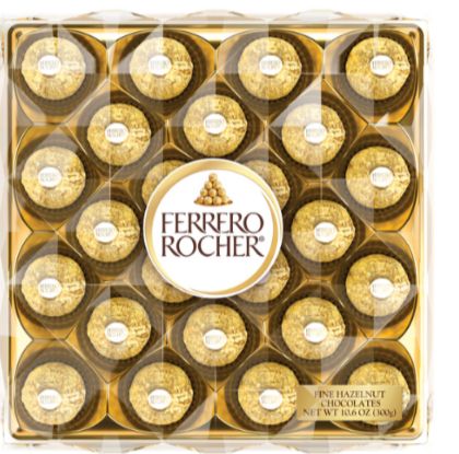 a box of ferrero rocher fine hazelnut choclates. each piece is nestled in its own gold foil wrapping, deservingly revered and extoled for its glory.