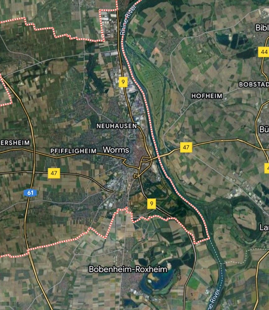 a map of part of Germany with the city of Worms in  the middle