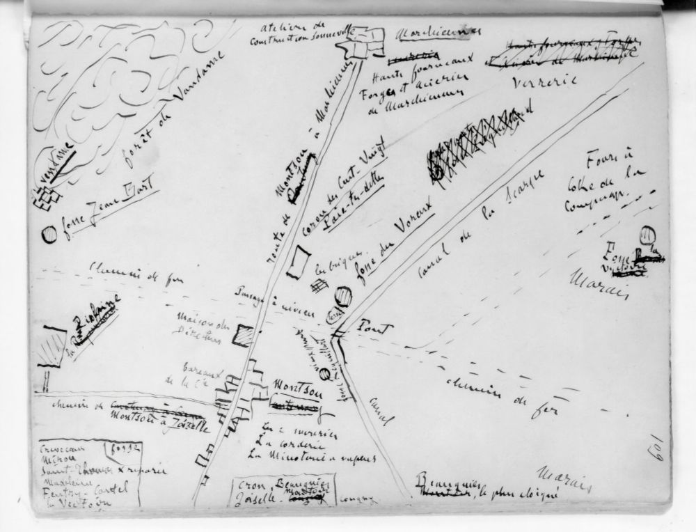 Plan des lieux, dessiné par Zola, avec position des différentes fosses. BnF.