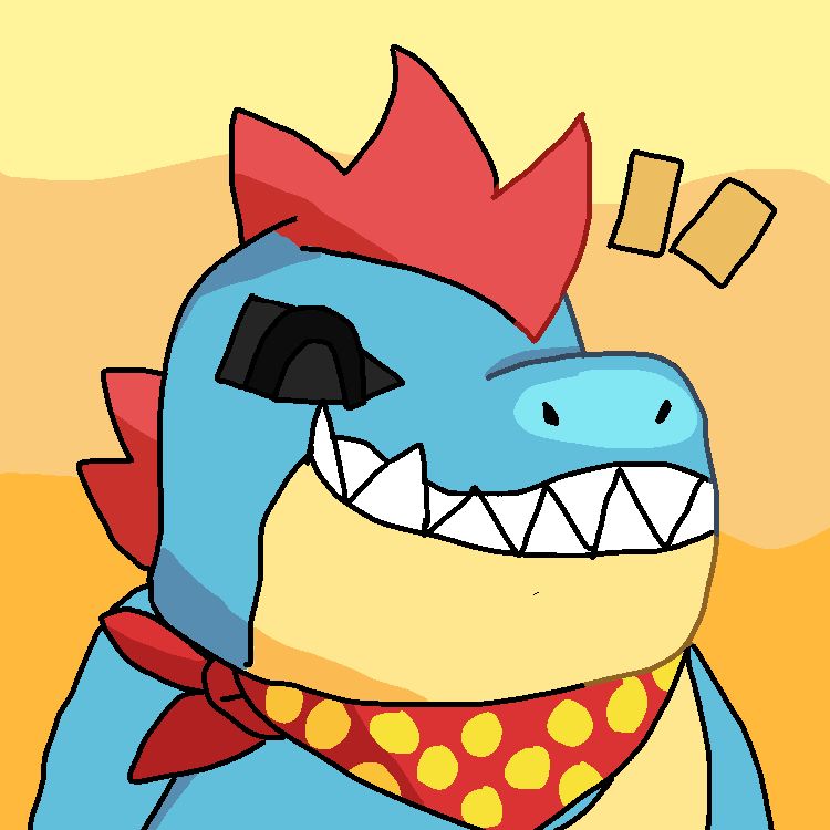 digital art of a croconaw (blue and yellow crocodile pokemon with red spikes) wearing a red scarf with yellow polka dots, with a happy expression and a toothy grin.