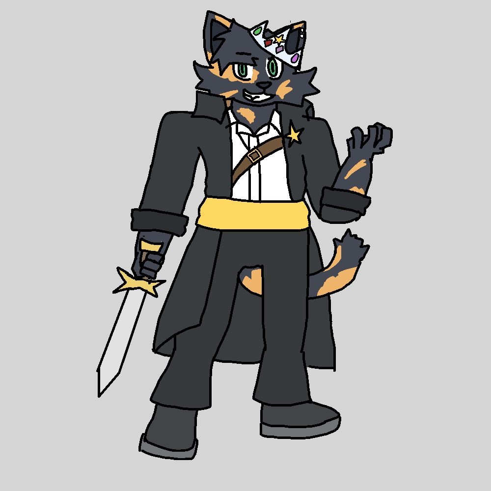 a black catfolk with orange spots on his fur and green eyes stands confidently, wearing a black coat, a white collared shirt, black pants with flared bottoms, and a yellow sash while holding a sword with a hilt resembling a star 