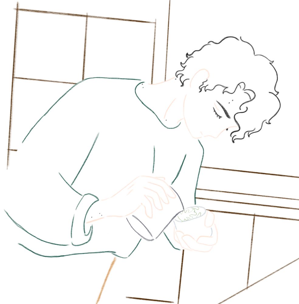Colored line art doodle of kiyoomi sakusa making a green tea latte. sakusa is wearing a green long sleeved top and camel colored bottoms. There is a vague and largely unfinished background.