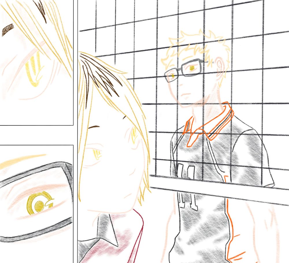 Colored line art of Kenma and Tsukishima eyeing each other across the volleyball net