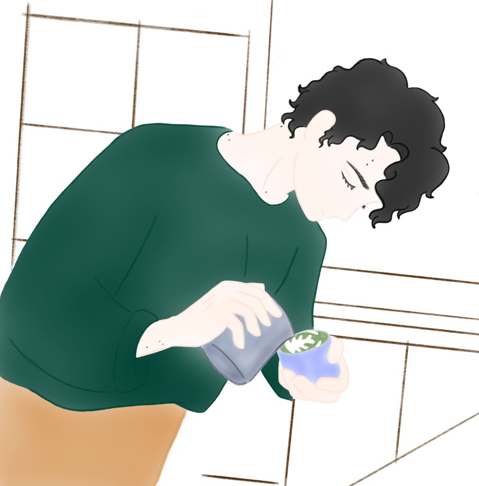 doodle of kiyoomi sakusa making a green tea latte. sakusa is wearing a deep green long sleeve top and camel colored bottoms. the tea cup is a periwinkle color. There is a vague and largely unfinished background.