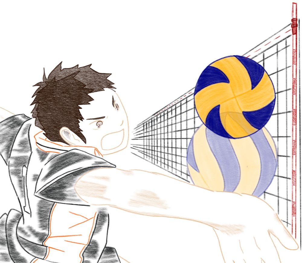 Colored line art (with colored in volleyball for some reason) of Sawamura one arm keeping a volleyball in play in close proximity to the net