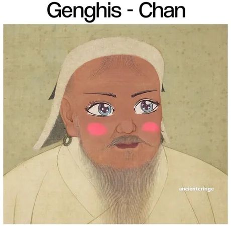 Portrait de Genghis Kan, mais il a des grands yeux et des joues roses façon manga