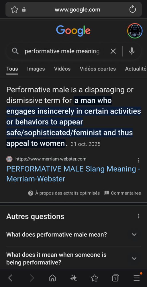 Performative male is a disparaging or
dismissive termn for a man who
engages insincerely in certain activities
or behaviors to appear
safe/sophisticated/feminist and thus
appeal to women. 31 oct. 2025
https://www.merriam-webster.com
PERFORMATIVE MALE Slang