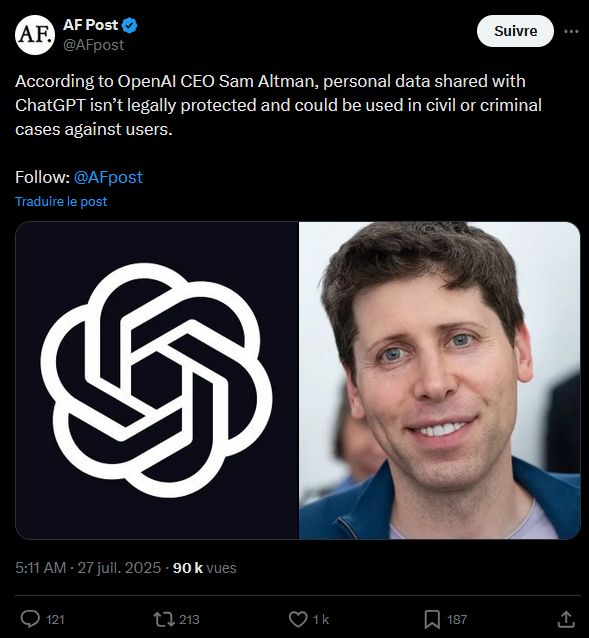 According to OpenAI CEO Sam Altman, personal data shared with ChatGPT isn’t legally protected and could be used in civil or criminal cases against users.
