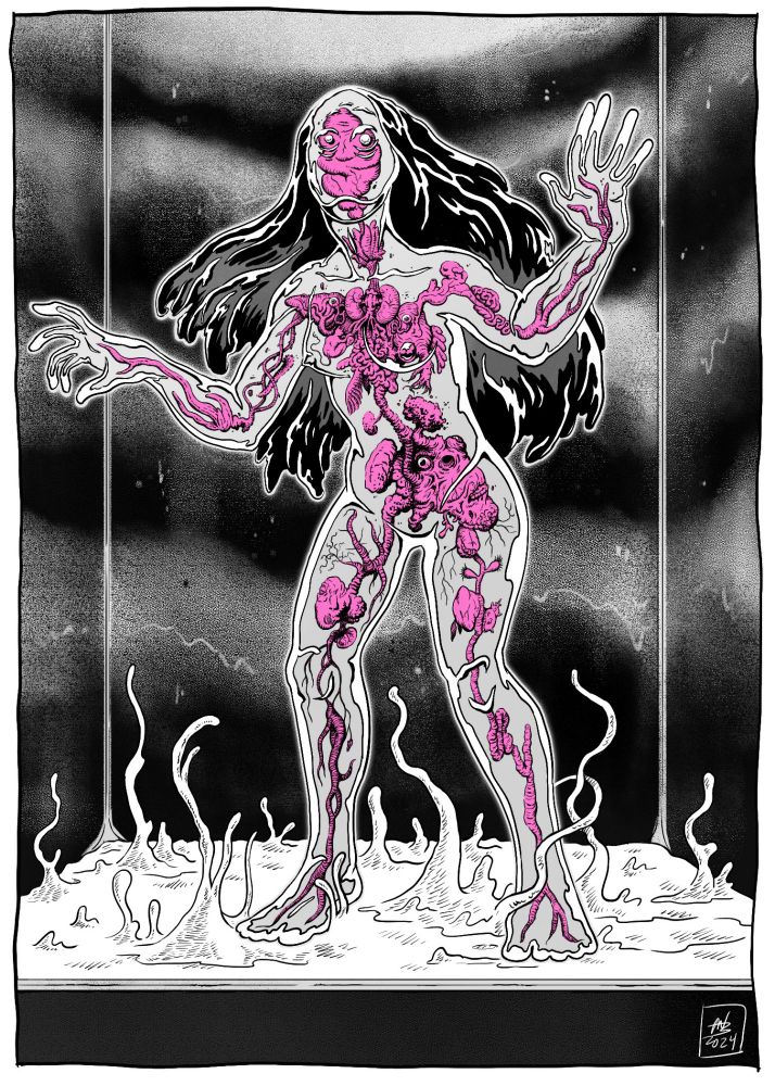 Digital drawing of a transparent glass humanoid standing in a box. You can see a bunch of weird organs through her skin. 