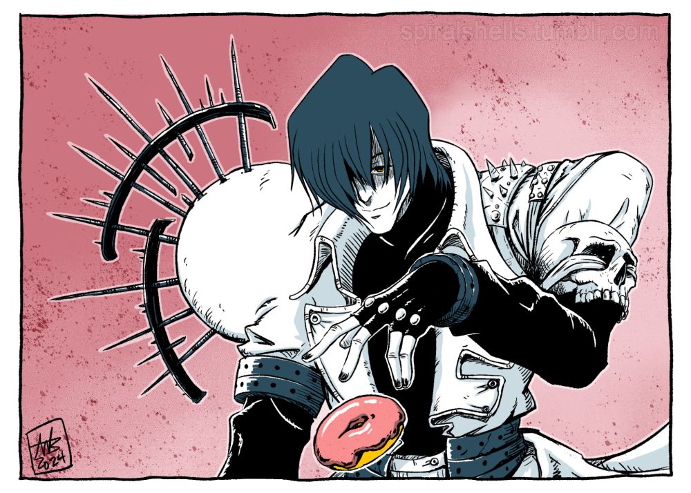 Digital drawing of Legato Bluesummers from Trigun. He is dropping a pink frosted donut on the ground and smirking about it.