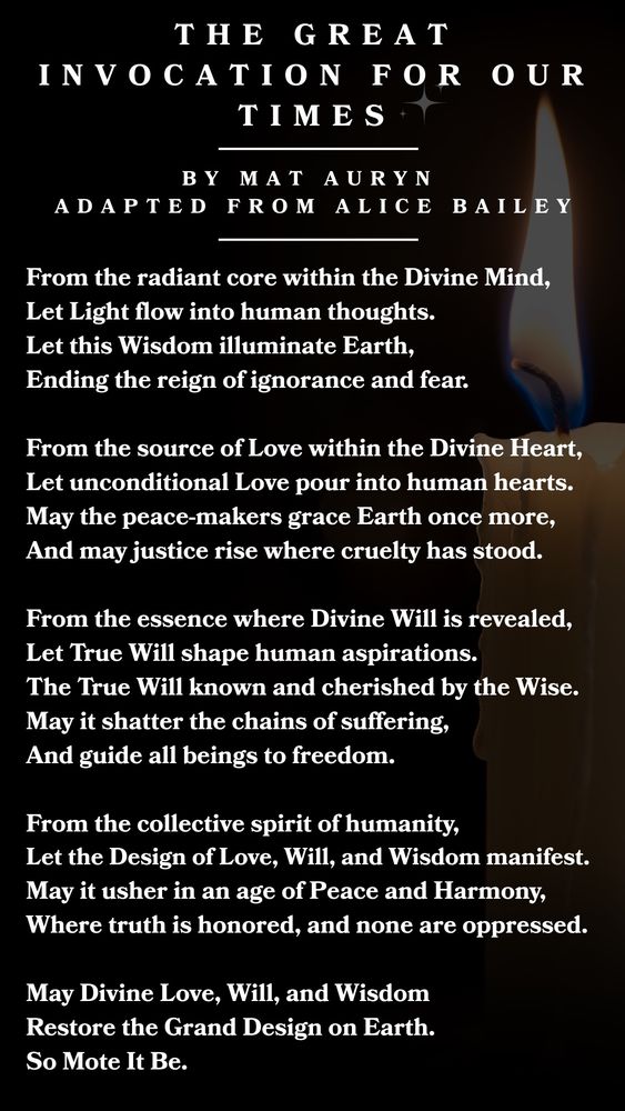 Image of a candle with the text to Mat’s version of the Great Invocation. (Text is in link)