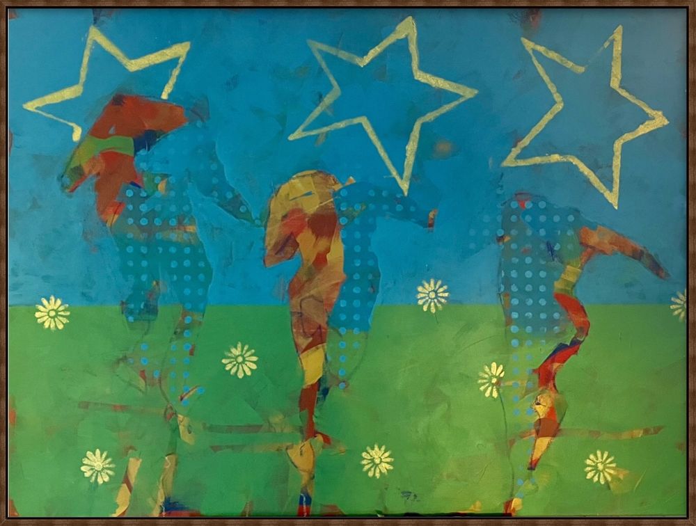 Close up of painting, 3 abstract figures running into the distance