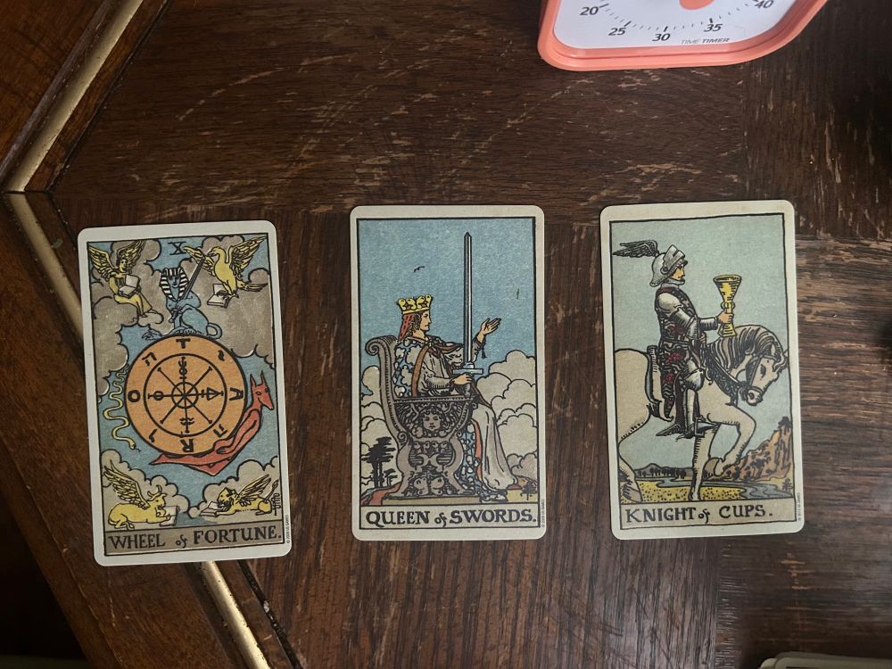 A tarot spread with the Wheel of Fortune, Queen of Swords, and Knight of Cups.