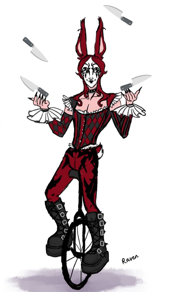 my drawing of the hare mime Cherries Jubilee who belongs to @neophaim. He is riding a unicycle whilst wearing chunky platform boots, and they are also juggling knifes. They're wearing a black and red patterned corset/stays with lots of ruffles and matching off shoulder sleeves with more ruffles. His face is painted white and decorated with their signature black facepaint