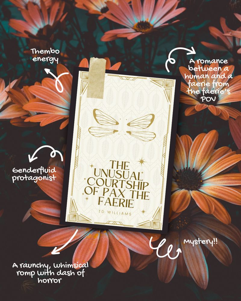 Picture of a cream colored book with a pair of Faerie wings in the center. Arrows point away from it proclaiming: Thembo energy, genderfluid protagonist, a romance between a human and a faerie from the faerie's POV, a raunchy whimsical romp with a dash of horror, mystery!!