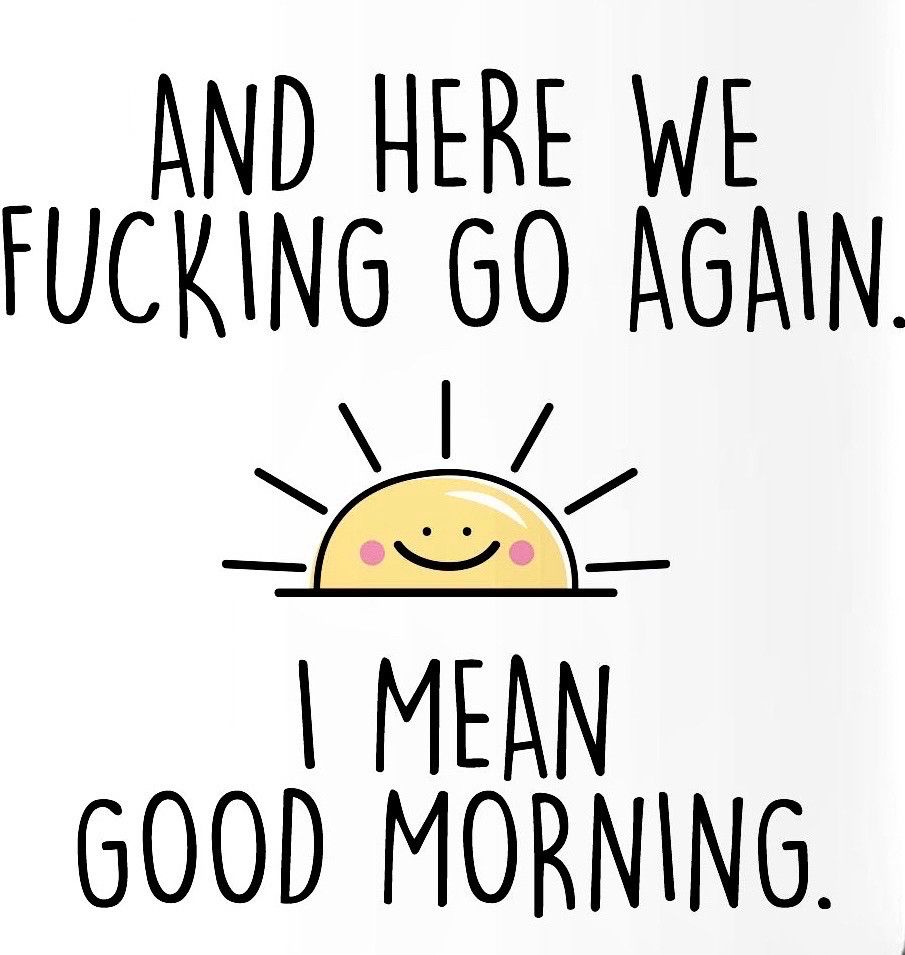 Cartoon of a smiling sun rising, caption says “And here we fucking go again. I mean, good morning”