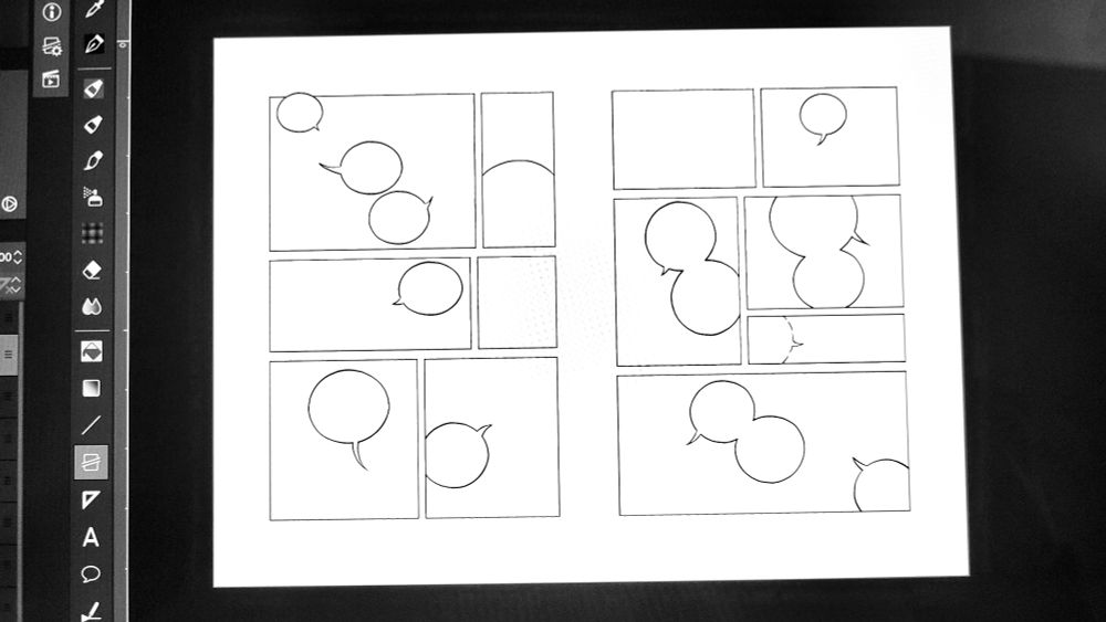 Sample Clip Studio spread for graphic novel with lots of speech balloons.