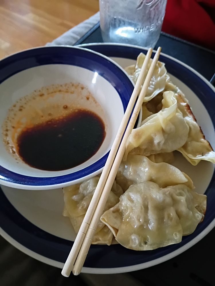 A plate of pan fried sesame chicken dumplings, a set of chopsticks, and a bowl of hastily whipped together dumpling sauce (soy, sesame oil, chili/sichuan pepper oil, minced ginger)