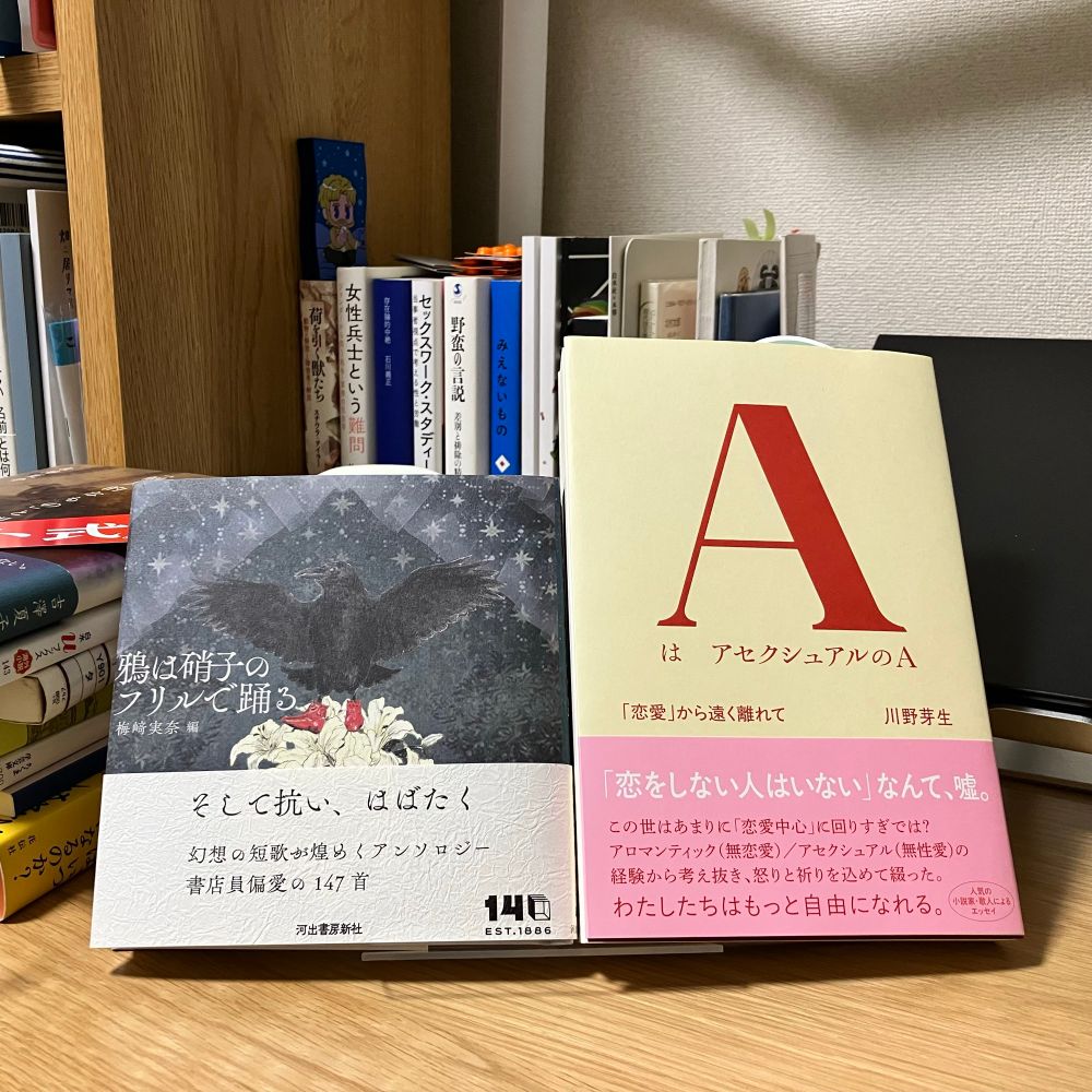 本が立ててある。
『鴉は硝子のフリルで踊る』
『AはアセクシュアルのA』