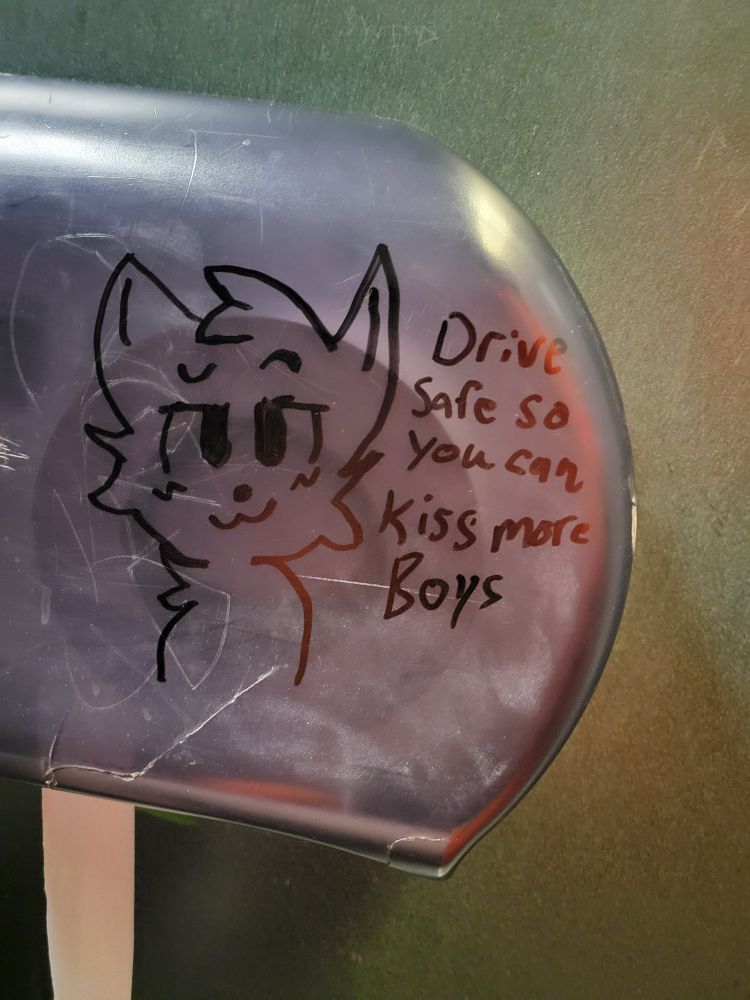A Sharpie drawing of a boy kisser on a toilet paper dispenser with the text "drive safe so you can kiss more boys"
