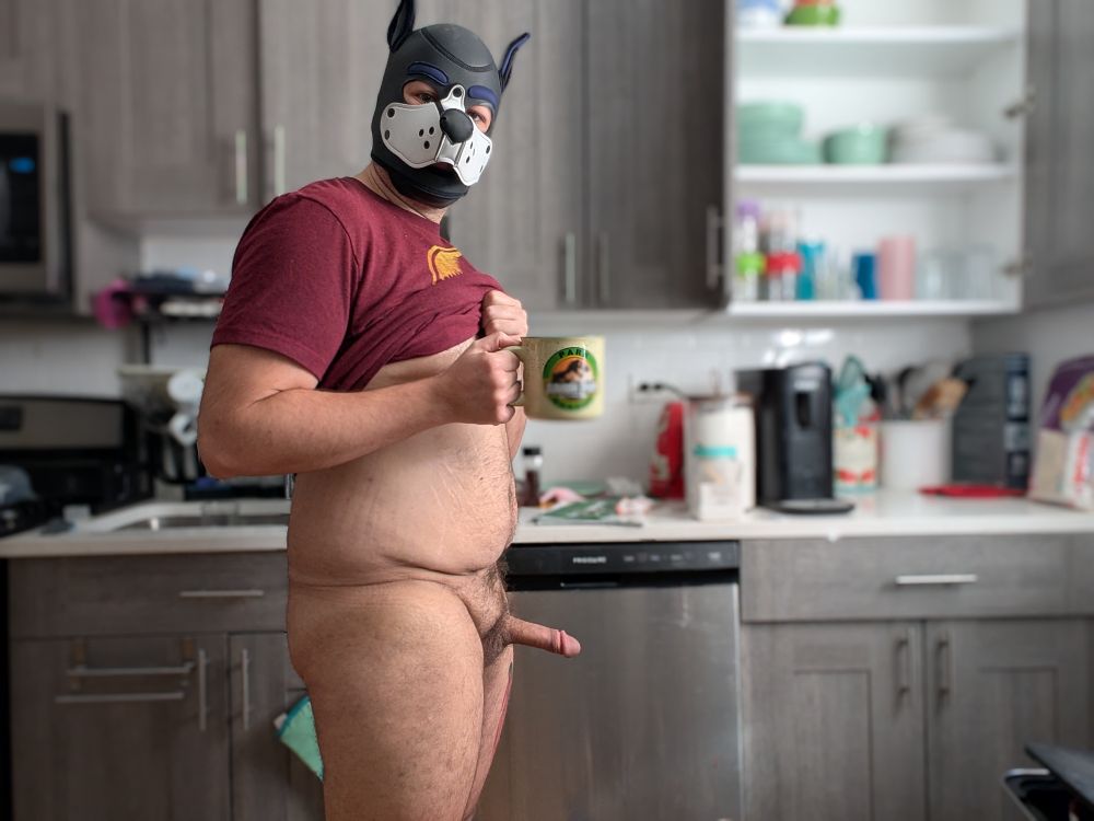 Pic of me erect and pulling my shirt up. I'm wearing my pup hood and holding a Jurassic Park mug of coffee