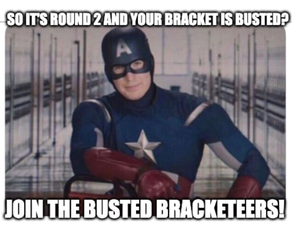 Picture of Captain America with the text "So it's Round 2 and your bracket is Busted? Join the Busted Bracketeers" It's for March Mammal Madness