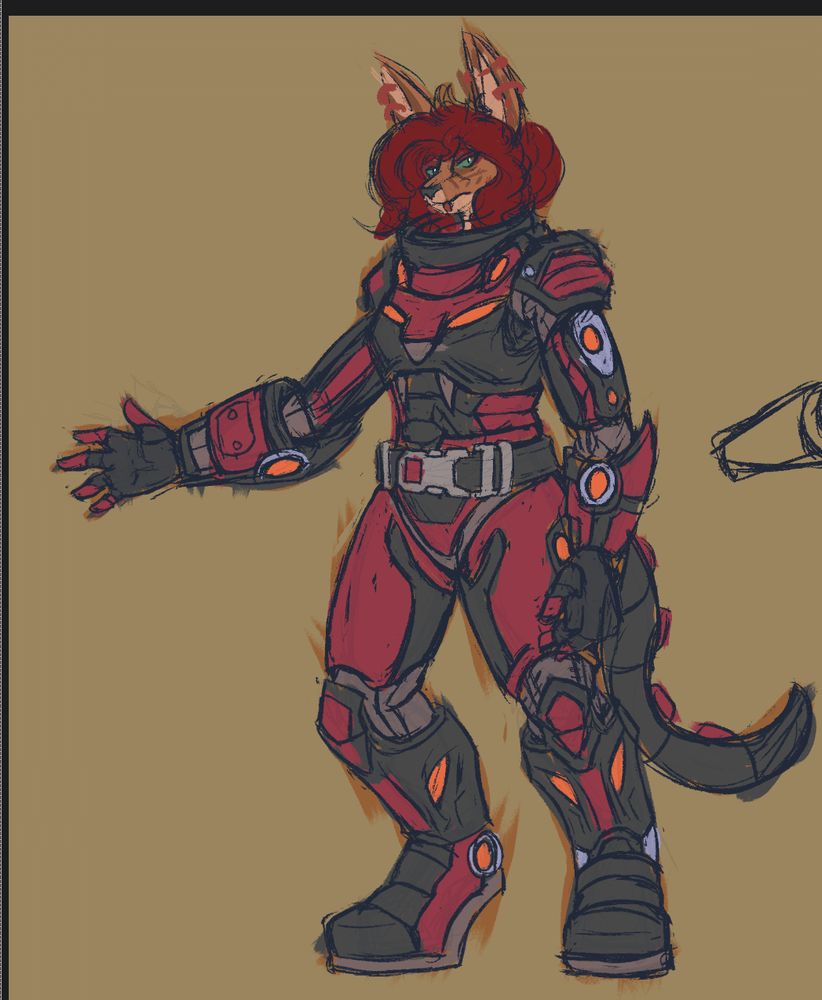 CHARACTER: Sylvie Barnett - Striker Crimson
PROJECT: Star Ranger Strikers

Red headed / green eyed anthro serval stands with an idle pose, her arm extended out and a neutral expression on her face. Dressed heavily in a red and black exo suit and is covered in head to toe with armor. Along her chest plate is the outline of a tigers face with two orange chest lights and armor patterning akin to nose and a fang that appears as a lighter grey. Several fire-orange lights are scattered across the fore arms/lower legs and joints.