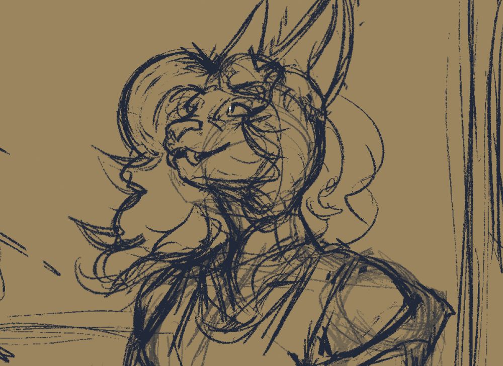 Sketch of Sylvie (she/her) in black pen with a creme-esque background, her expression looking upbeat and positive (rare!) with her signature tank top and another garment partially slung off. Her hair being blown in the wind slightly~ 