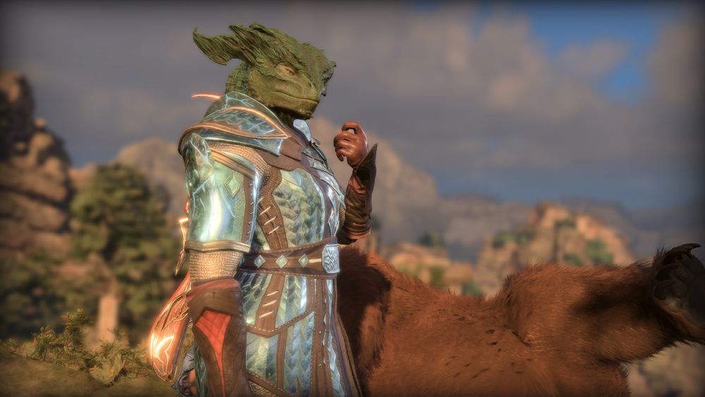 A screenshot from Baldurs Gate 3, showing a green Dragonborn Ranger and her bear companion. The Ranger is being serious, bear is being a goof.