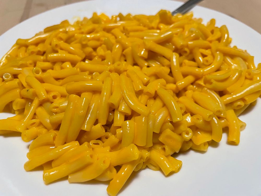 Primer plano de la pasta con el queso. De color anaranjado y brillante.