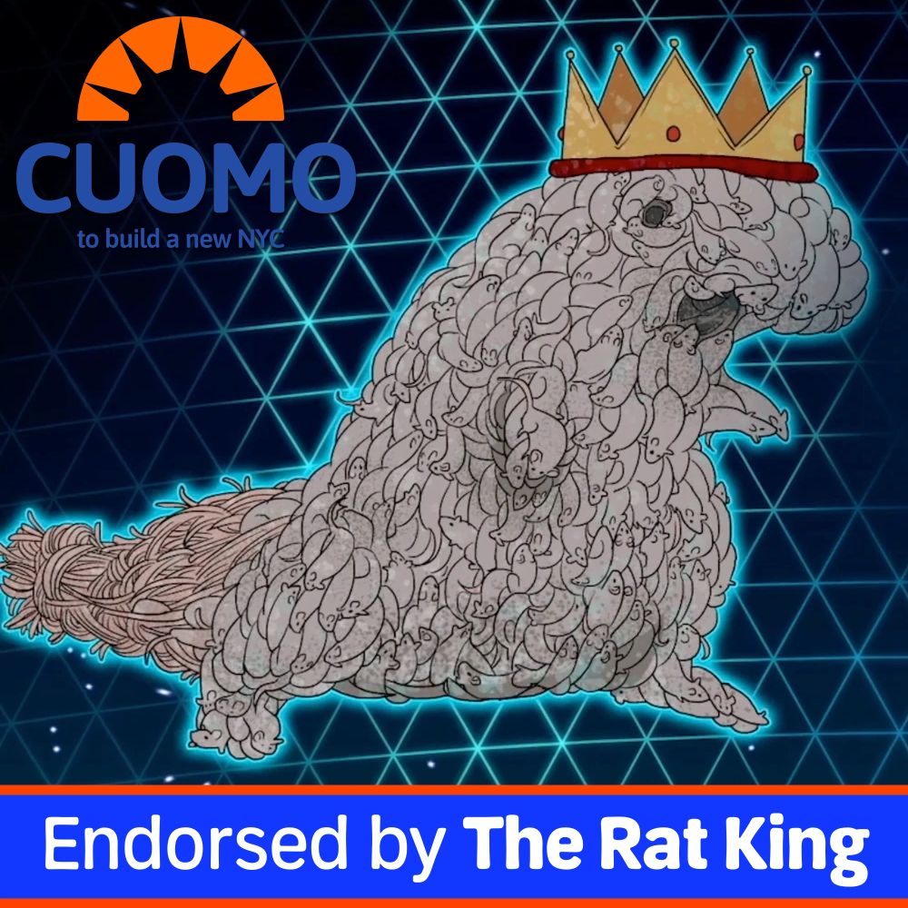A photoshopped image of the rat king from The Unsleeping City, with a Cuomo campaign logo added to the top left, and text at the bottom using their campaign colours, saying "Endorsed by The Rat King".