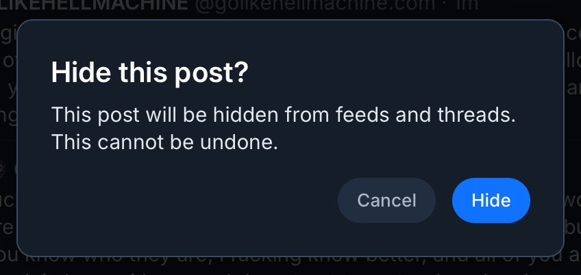 Hide this post?
This post will be hidden from feeds and threads. This cannot be undone.