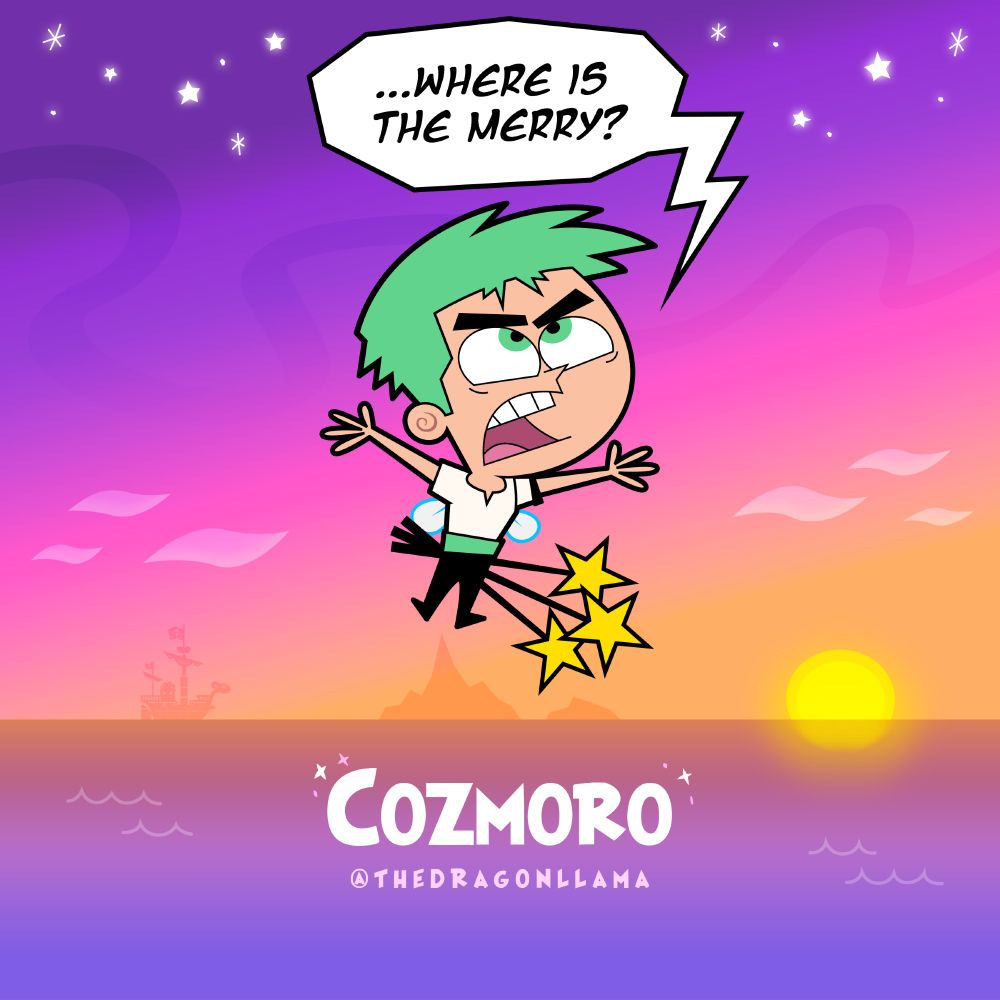 Zoro in the style of Cosmo from Fairly Odd Parents yelling at the sky looking for the Going Merry cuz he is lost. He has three cute wands.