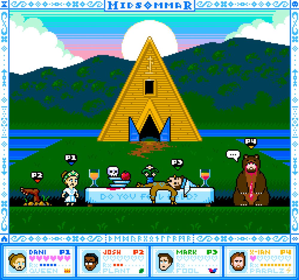 Midsommar styled game mockup in NES graphics, depicting Dani, Josh, Mark, and Christian at a dinner table in from of the Fire Temple